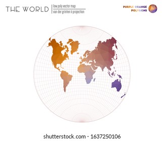 Vector map of the world. Van der Grinten II projection of the world. Purple and orange colored polygons. Trending vector illustration.