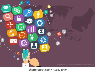 Vector map of the world's mobile communications business, trading, marketing and global business icons flat design