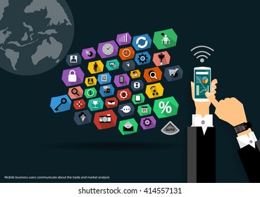 Vector map of the world's mobile communications business, trading, marketing and global business icons flat design