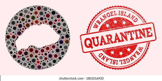 Vector map of Wrangel Island collage of flu virus and red grunge quarantine seal stamp. Infection cells attack the quarantine territory from out space.