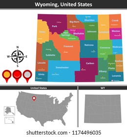 Vector map of Wyoming with counties and location on US map