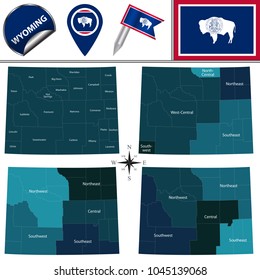 Vector map of Wyoming with named regions and travel icons