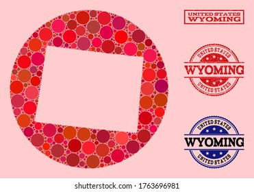 Vector map of Wyoming State collage of round spots and red grunge seal stamp. Hole round map of Wyoming State collage composed with circles in various sizes, and red color tones.