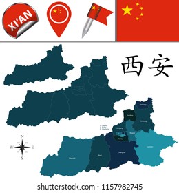 Vector map of Xian, China with named divisions and travel icons. There are chinese characters in a set - it means Xian