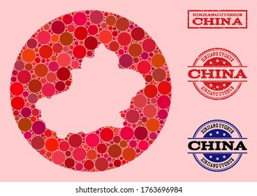 Mapa vectorial de la región uigur de Xinjiang con manchas redondas y sello rayado rojo. Mapa circular de esténcil de la región Uigur de Xinjiang compuesto por círculos de diferentes tamaños y tintes de color rojo.