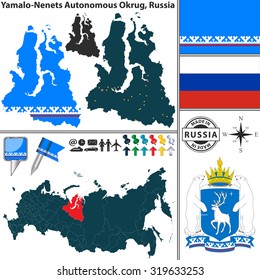 Vector map of Yamalo-Nenets Autonomous Okrug with coat of arms and location on Russian map