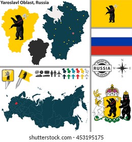 Vector map of Yaroslavl Oblast with coat of arms and location on Russian map