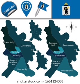Vector map of Yaroslavl, Russia with named districts. There is variation of map where districts are signed in original russian language