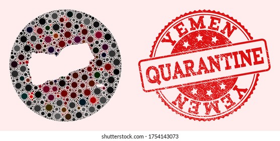 Vector map of Yemen collage of SARS virus and red grunge quarantine stamp. Infection cells attack the lockdown territory from out space.