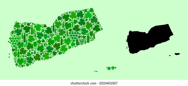 Mapa de vectores de Yemen. Mosaico de hojas verdes de uva, botellas de vino. Mapa del collage de Yemen diseñado a partir de botellas, uvas, hojas verdes. El mosaico abstracto está diseñado para la agitación vitivinícola.
