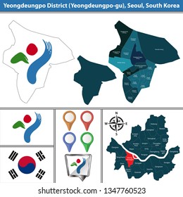 Vector Map Of Yeongdeungpo District Or Gu Of Seoul Metropolitan City In South Korea With Flags And Icons