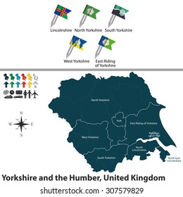 Vector map of Yorkshire and the Humber, United Kingdom with regions and flags svg