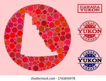 Vektorplan der Provinz Yukon Sammlungen von runden Flecken und rotem Gummi-Siegel. Stencil runde Karte der Provinz Yukon Collage mit Kreise in verschiedenen Größen und roten Farbtönen.
