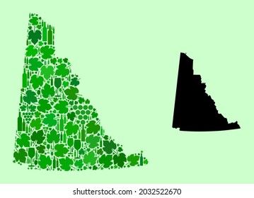 Mapa vectorial de la provincia de Yukón. Mosaico de hojas verdes de uva, botellas de vino. Mapa del collage de la provincia de Yukón diseñado a partir de botellas, uvas, hojas verdes. Collage abstracto diseñado para proclamas de bares.
