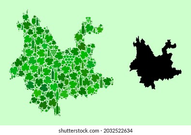 Mapa vectorial de la provincia de Yunnan. Mosaico de hojas verdes de uva, botellas de vino. Mapa del mosaico de la provincia de Yunnan diseñado con botellas, bayas, hojas verdes. Mosaico abstracto diseñado para los collages de barras.