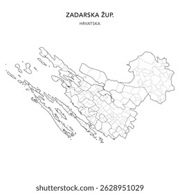 Mapa vetorial do condado de Zadar (Zadarska Županija) com povoações (Naselja) e cidades, cidades (Gradovi) e municípios (Općine) - Croácia 2025