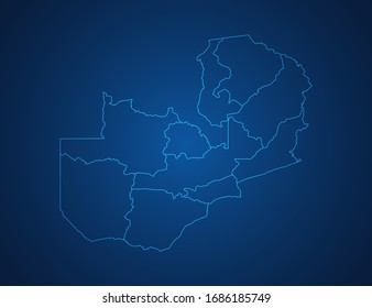 Vector map of Zambia abstract blue line scales on dark background.