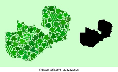 Mapa de vectores de Zambia. Composición de hojas verdes de uva, botellas de vino. Mapa del collage de Zambia creado a partir de botellas, uvas, hojas verdes. Collaje abstracto diseñado para las doctrinas de la producción de vino.