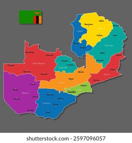 Vector map of Zambia with names of cities and with borders city