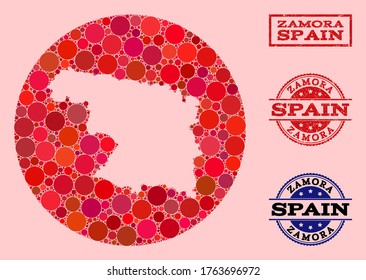 Vector map of Zamora Province collage of circle elements and red watermark seal stamp. Subtraction round map of Zamora Province collage designed with circles in various sizes, and red color tints.