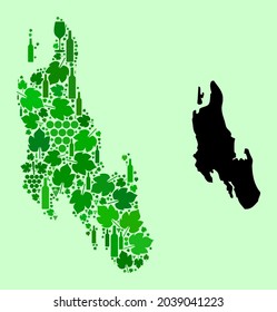 Vector Map of Zanzibar Island. Mosaic of green grapes, wine bottles. Map of Zanzibar Island mosaic designed from bottles, berries, green leaves. Abstract collage is designed for political propaganda.