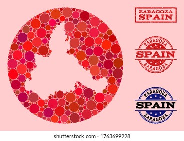 Vector map of Zaragoza Province collage of circle dots and red scratched seal stamp. Hole circle map of Zaragoza Province collage composed with circles in variable sizes, and red color tones.