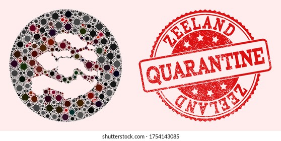 Vektorplan der Zeeland Provinz Collage von SARS-Virus und roten Grunge Quarantäne-Siegel. Infektionszellen um das Quarantänegebiet aus dem Weltraum.