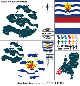 Vector map of Zeeland region and location on Dutch map