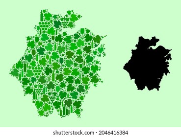 Vektor Karte der Provinz Zhejiang. Collage von grünen Weinblättern, Weinflaschen. Karte der Zhejiang Provinz Collage aus Flaschen, Weintrauben, grünen Blättern.