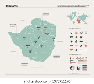Vector map of Zimbabwe.  High detailed country map with division, cities and capital Harare. Political map,  world map, infographic elements. 