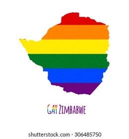Vector map of Zimbabwe in LGBT (lesbian, gay, bisexual, and transgender) flag colors and GAY Zimbabwe caption on white background. Rainbow flag with denim textile texture.