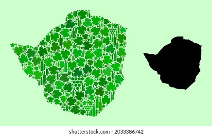 Mapa de vectores de Zimbabue. Mosaico de hojas verdes de uva, botellas de vino. Mapa del mosaico de Zimbabue diseñado con botellas, uvas, hojas verdes. El mosaico abstracto es útil para la agitación de la producción de vino.