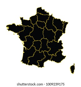 Vector map-France country on white background, black map of france and corse island - nation of euro zone stylized outlines on white background.