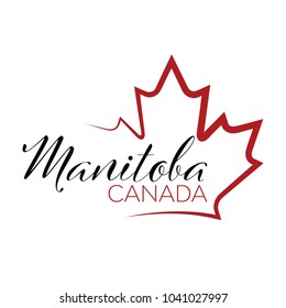 A vector maple leaf outline holding text that reads Manitoba, Canada.