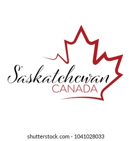 A vector maple leaf outline holding text that reads Saskatchewan, Canada.