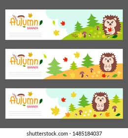 Vector maple and oak acorn leaf foliage, mushroom and berry for discount design of leaflet or web banner. Set of Three Autumn/Fall Banner.