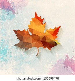 Vector maple symbol made of triangles,geometric shapes on abstract grange background with dabs watercolor.Label design.Square composition with maple.Autumn theme.sheet backdrop. Banner. Card.