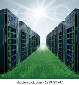 Vector mapping of supercomputers.Direct sunlight, green grass.