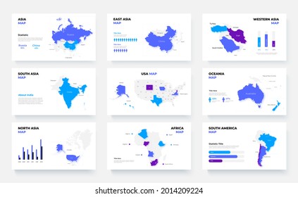 Vector maps country infographics set. Slides presentation templates with flags. Asia, USA, Oceania and Africa.