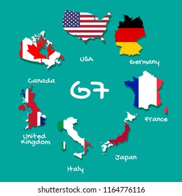 Vector maps of the g-7 countries painted in the colors of the flags. Flat maps of big seven. Vector illustration.