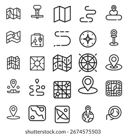 Vector maps and navigation icons set. Includes folded maps, GPS pins, compass, globe, routes, location markers, travel paths, and mobile navigation symbols. Perfect for apps, websites, infographics,