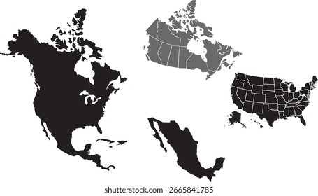 Vector Maps of North America and Countries Sillhouette