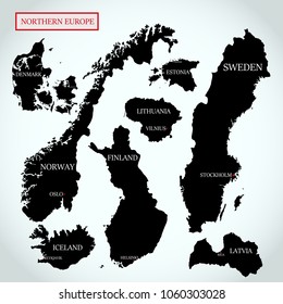 Vector maps of Northern Europe with capitals names