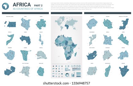 Juego de mapas vectoriales.  Mapas detallados de alto nivel de 46 países africanos con división administrativa y ciudades. Mapa político, mapa del continente africano, mapa mundial, globo, elementos infográficos.  Parte 2.