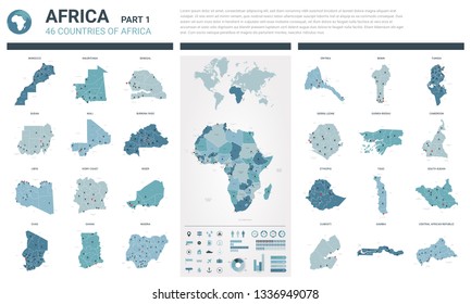 Vector maps set.  High detailed 46 maps of African countries with administrative division and cities. Political map, map of Africa continent, world map, globe, infographic elements.  Part 1.