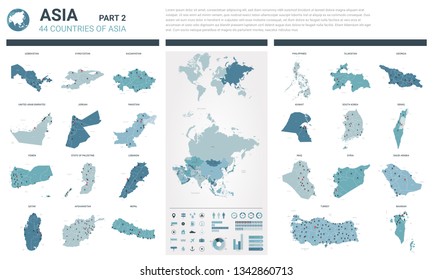 Vector maps set.  High detailed 44 maps of Asian countries with administrative division and cities. Political map, map of Asia continent, world map, globe, infographic elements.  Part 2.
