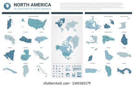 Vector maps set.  High detailed 23 maps of North American countries with administrative division and cities. Political map, map of America continent, world map, globe, infographic elements.