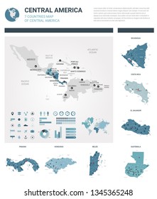 Vector maps set.  High detailed 7 maps of countries in Central America with administrative division and cities. Political map, map of America continent, world map, globe, infographic elements. 