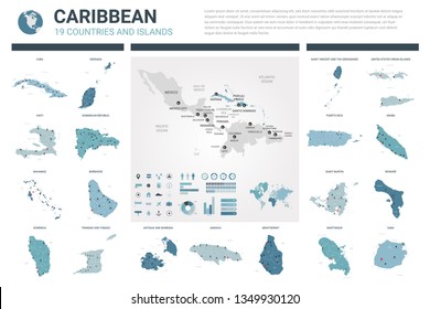 Vector maps set.  High detailed 19 maps of Caribbean countries with administrative division and cities. Political map, map of Caribbean region, world map, globe, infographic elements.