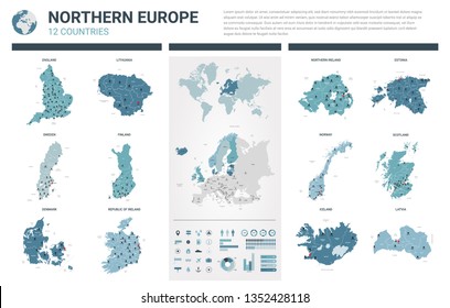 Vector maps set.  High detailed 12 maps of Northern Europe countries with administrative division and cities. Political map, map of Europe continent, world map, globe, infographic elements. 